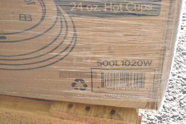 Cardboard box with protective wrap, labeled "24 oz. Hot Cups," "500L 1020W," barcode, and "Made in China." Appears brand new.