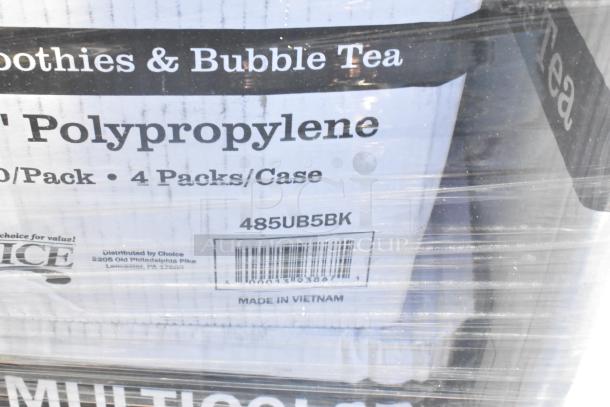 Pack of polypropylene smoothie cups for bubble tea, 4 packs per case, Distributed by Choice, Made in Vietnam, scratch and dent condition.