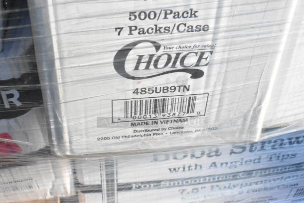Shrink-wrapped boxes of Choice straws, 500 per pack, 7 packs per case. Labeled "Made in Vietnam," product code 485UB9TN.