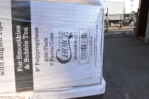 Pallet of Choice brand straws and squat cups, 9" polypropylene, 500/pack, 7 packs/case, partially wrapped, new condition.