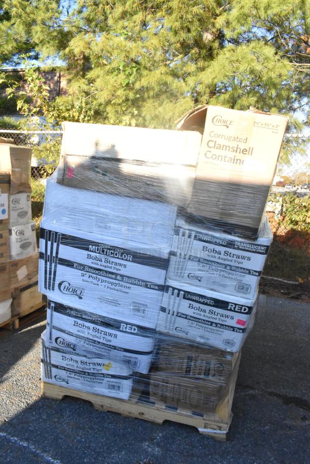 Pallet with boxes of Choice brand boba straws, corrugated clamshell containers, wrapped in plastic, outside, new condition.