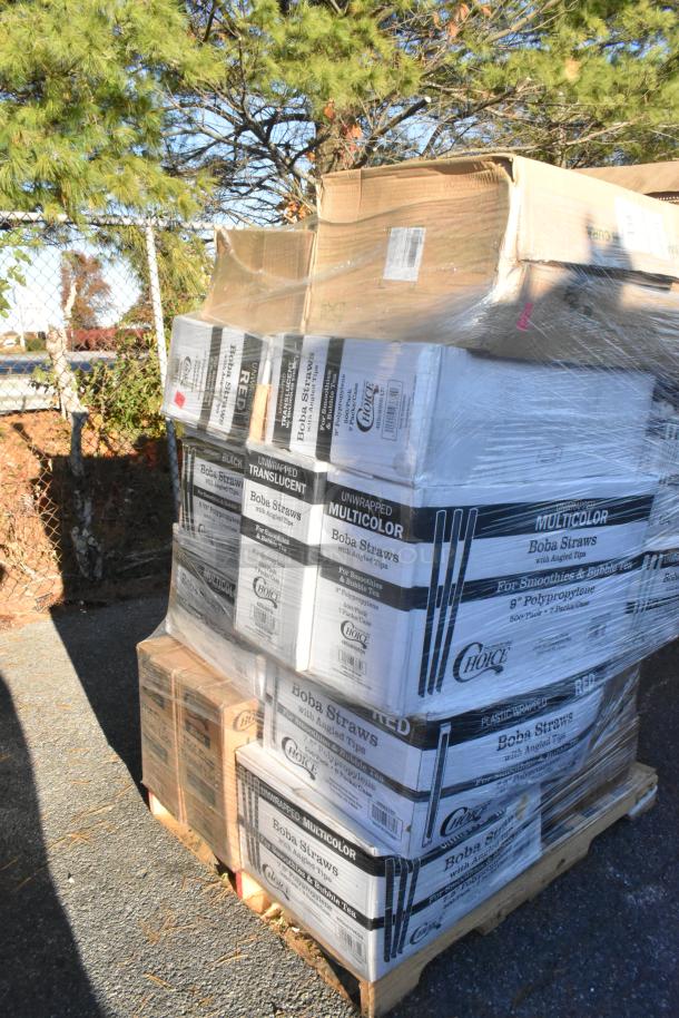 Pallet with boxed "Choice" brand boba straws, unwrapped multicolor, labeled for smoothies, 9" polypropylene, in shipping wrap.