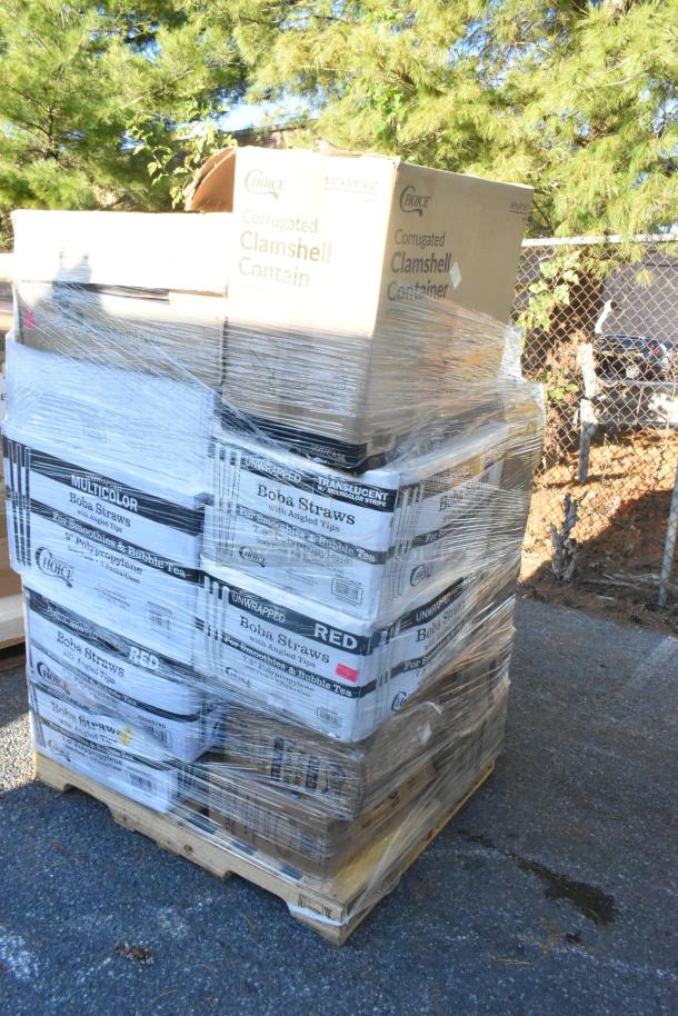 Shrink-wrapped pallet of new "Choice" brand boxes containing boba straws and corrugated clamshell containers, some labeled "scratch and dent."