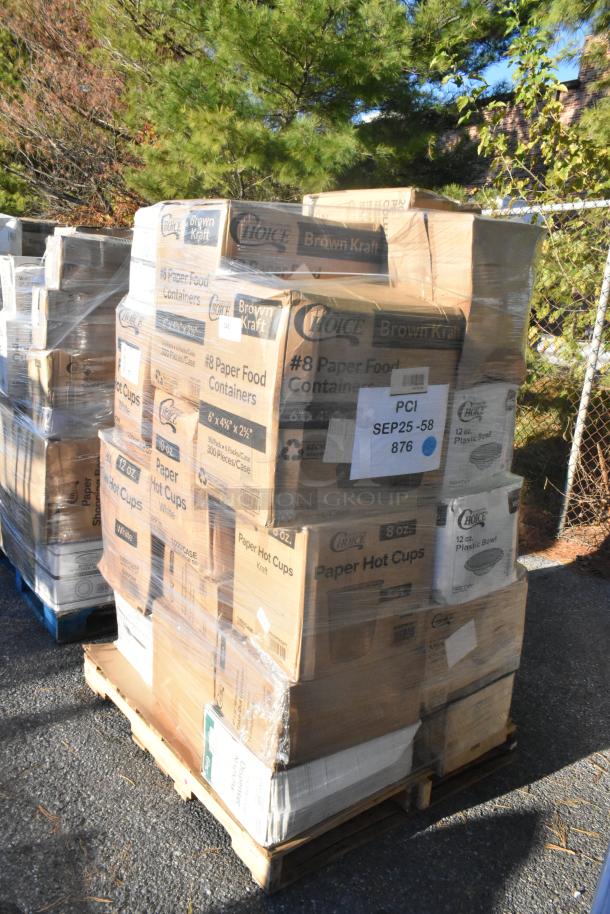 Pallet with boxes of Choice Brown Kraft paper hot cups and food containers, marked as scratch and dent.