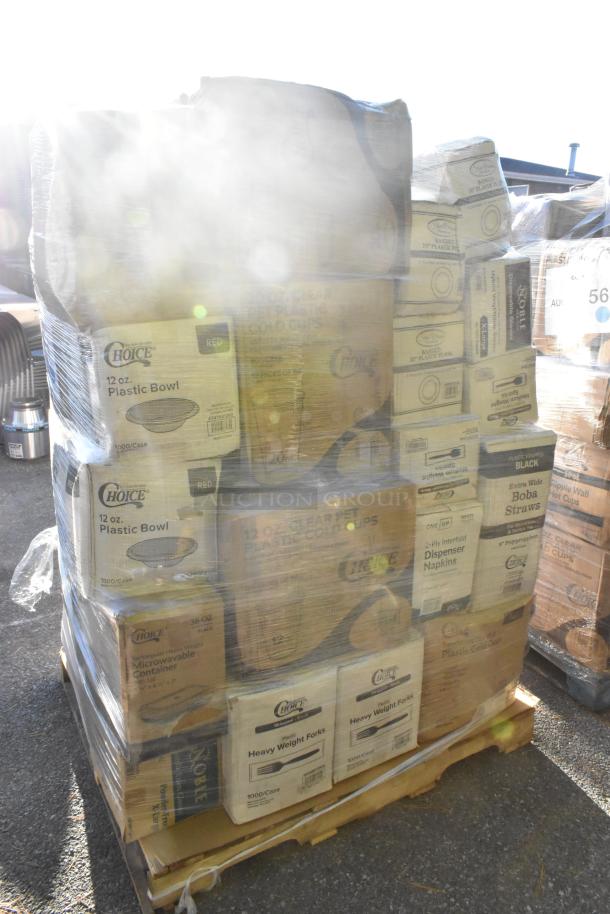 Pallet of 21 new scratch and dent items including Choice plastic bowls, cups, napkins, and containers, wrapped in plastic.