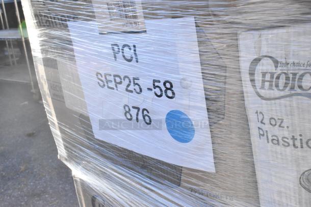 Pallet with wrapped boxes labeled "CHOICE" and "PCI SEP25-58 876," containing scratch and dent cups, napkins, containers.