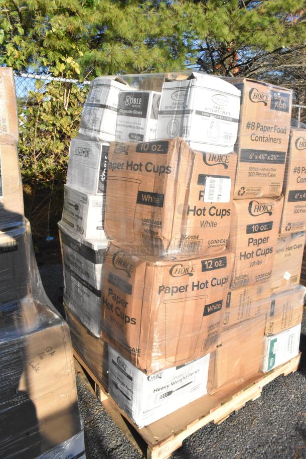 21 boxes of scratch and dent items including paper hot cups, napkins, to-go containers, and cold cups on pallets.