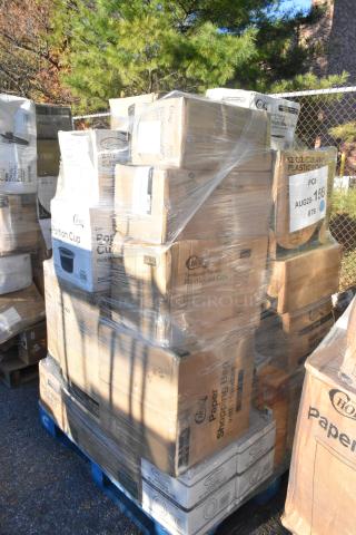 Pallet of 32 scratch and dent items, including boxes of towels, gloves, containers, hot and cold cups, and bags.