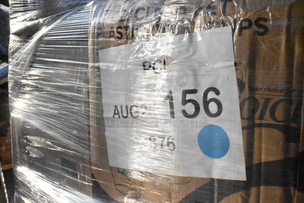 Clear-wrapped pallet labeled "AUG 156," containing 32 scratch and dent items: towels, gloves, containers, hot and cold cups, bags.