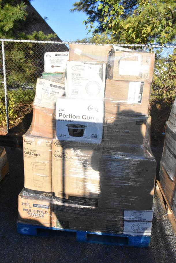Pallet with 32 new scratch and dent items including cups, plates, towels, and gloves. Boxes labeled Choice, Visions, Lavex.