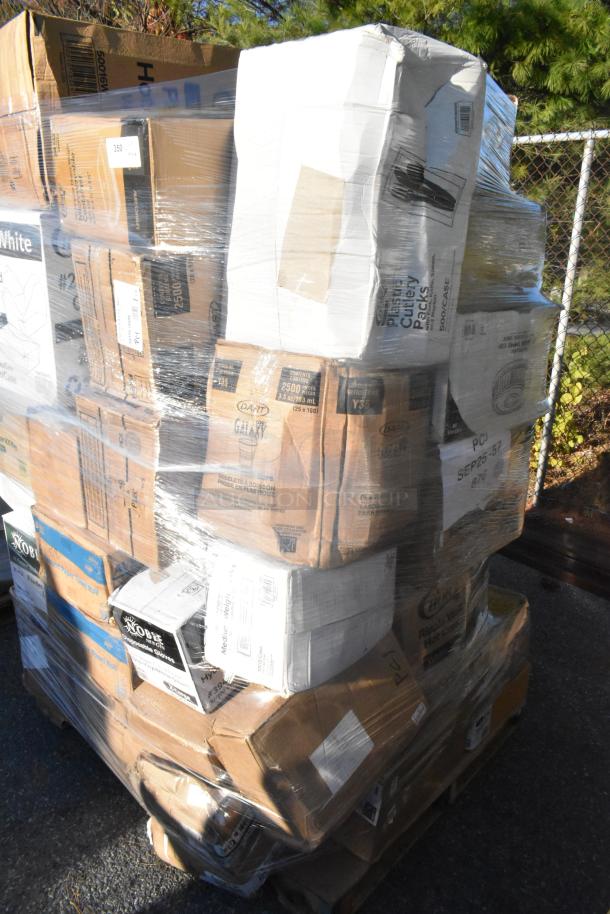 Pallet of 97 assorted scratch and dent items, including cake circles, gloves, hot cups, lids, trash bags, wrapped for auction.