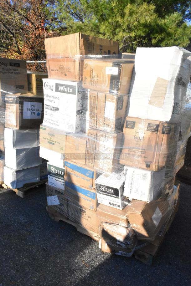 Pallet with assorted new scratch and dent items including cake circles, gloves, hot cups, souffle lids, trash bags.