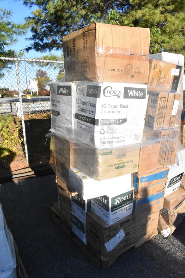 Pallet of boxed items, including Choice paper food containers, Noble gloves. Mixed brands, scratch and dent condition.