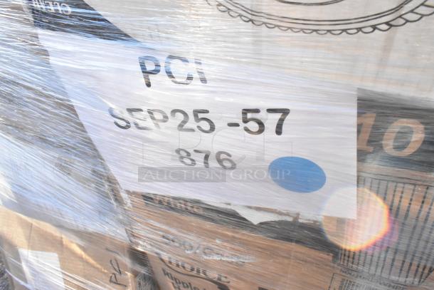 Plastic-wrapped pallet containing assorted scratch and dent items including cake circles, gloves, hot cups, and trash bags. Label reads "PCI SEP25-57 876".