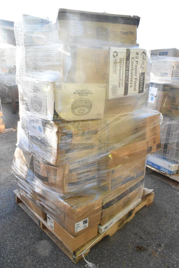 Pallet with 97 new scratch and dent items, including cake circles, gloves, hot cups, souffle lids, and trash bags, shrink-wrapped.