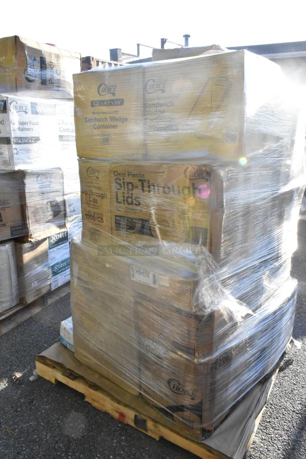 Pallet of 24 new scratch-and-dent items, including cold cups and bakery boxes, in original packaging with visible product labels.