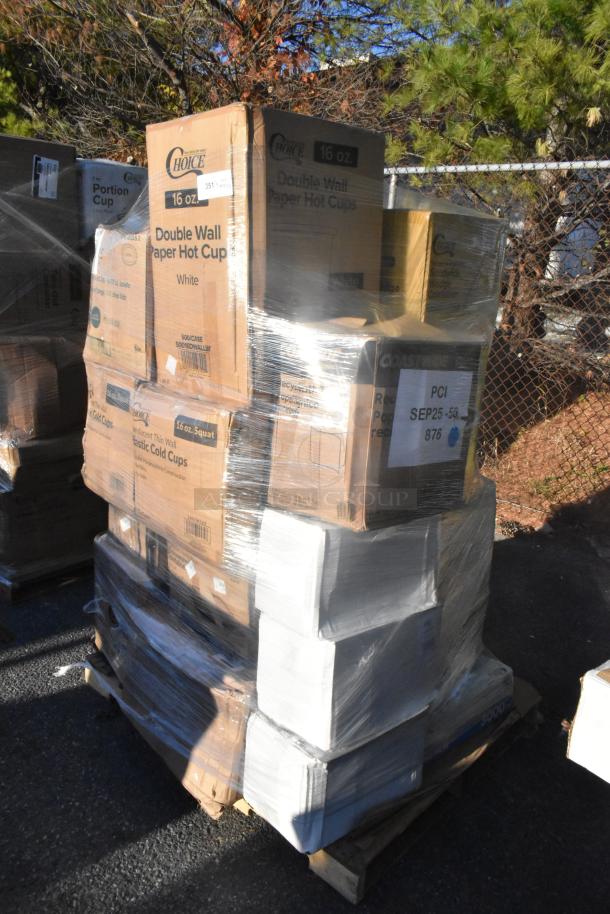 Pallet of 24 new scratch and dent items, including boxes of Choice paper hot and cold cups, wrapped in plastic.