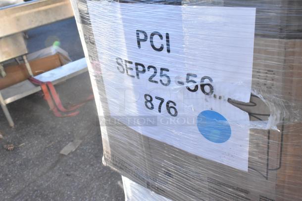 Pallet of 24 new scratch and dent items, wrapped, tagged "PCI SEP25-56 876," includes cold cups, boxes, film, napkins.