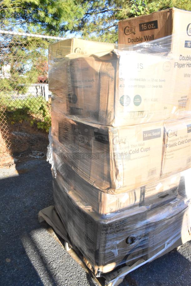 Pallet with 24 boxes of Choice brand cold cups, bakery boxes, and more, wrapped in plastic. Slight dents visible.