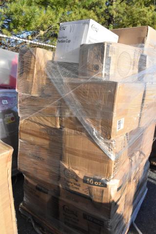 Stack of 33 new scratch and dent boxes, including Choice paper plates, paper cups, cold cups, and containers.
