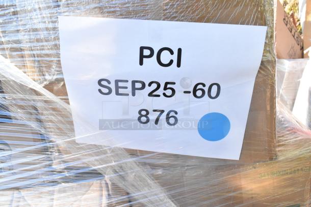 Pallet wrapped in plastic showing a label with "PCI SEP25-60 876" and a blue dot, indicating auction lot details.