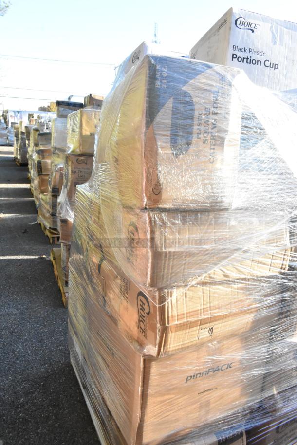 Pallet with 33 new scratch and dent items including Choice brand paper plates, cups, and containers in wrapped boxes.