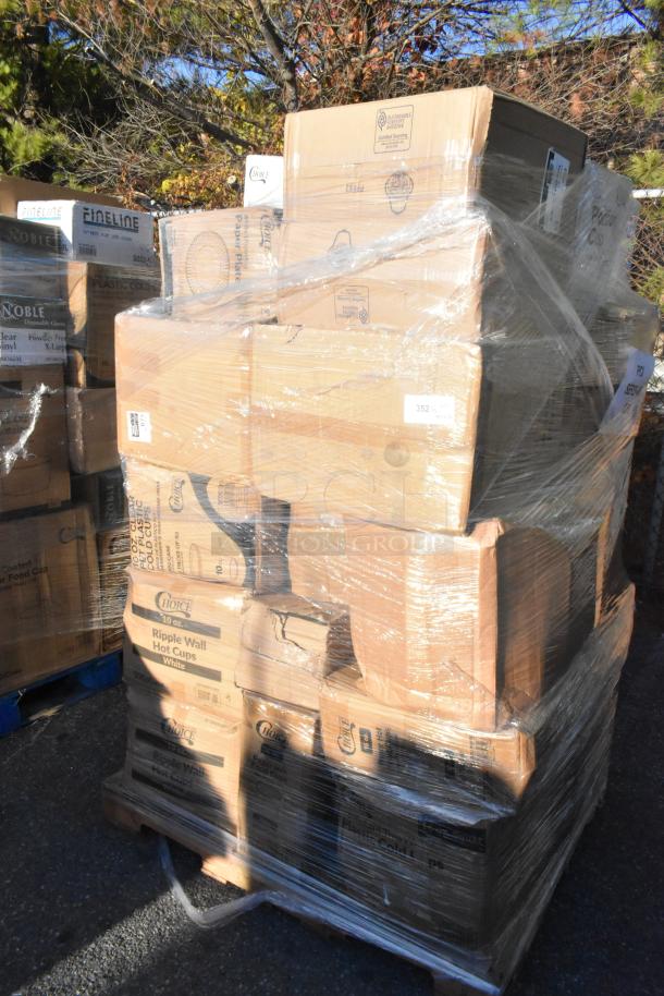 Pallet of 33 boxes with scratch and dent paper plates, cups, and containers, plastic-wrapped for auction sale.