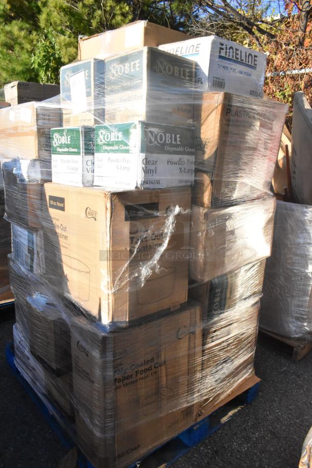 A pallet of 37 brand new scratch and dent items, including Noble gloves and food containers, wrapped for auction.
