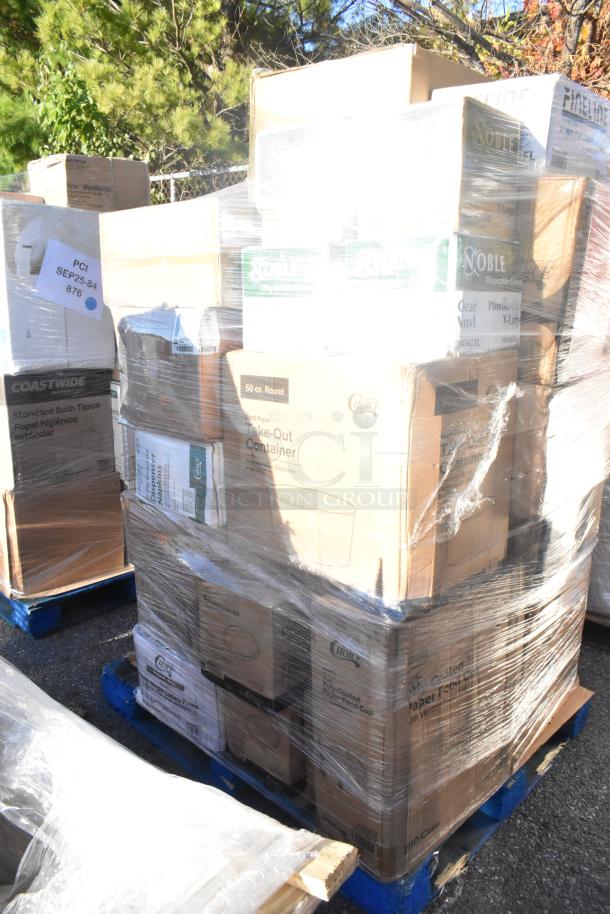 Palette of 37 brand-new scratch and dent items including containers, lids, and cold cups. Boxes feature Noble and Choice branding.