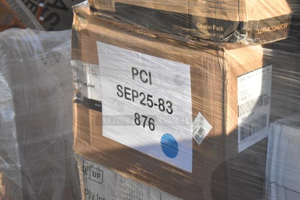 Stack of boxes labeled "PCI SEP25-83 876" containing scratch and dent items. Includes containers, lids, and cold cups. Brand new condition.