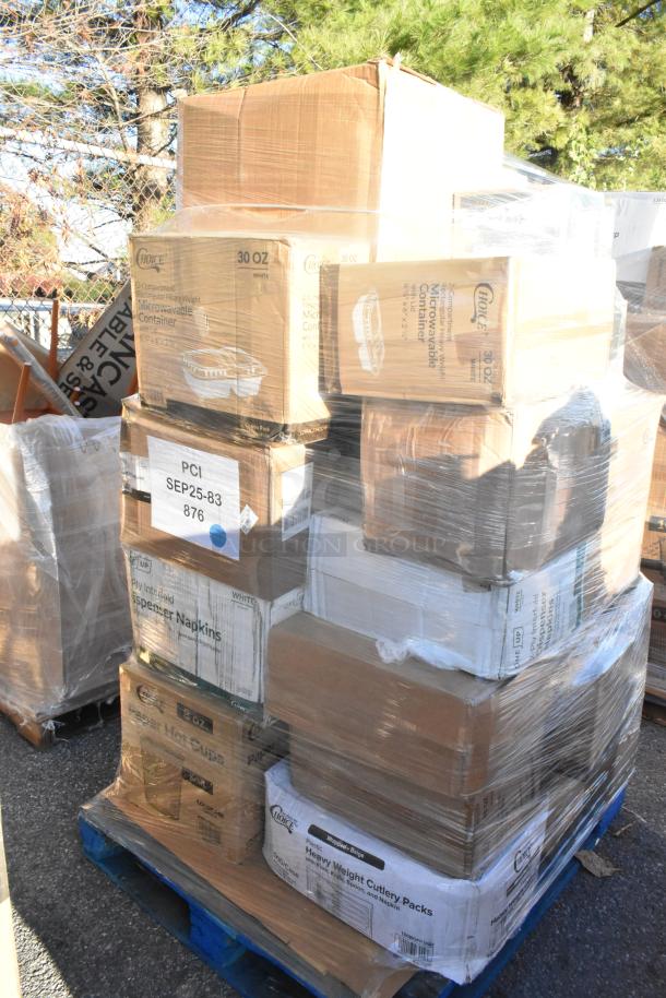 Pallet of 37 new scratch and dent items, including Choice microwaveable containers, lids, and cold cups in boxes.