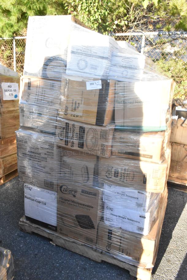 Pallet of 35 new scratch and dent items, including boxes of containers, trash cans, teaspoons, bakery and ice bags, wrapped in plastic.