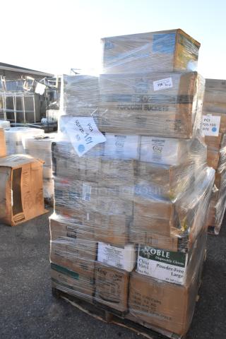 Pallet with 48 new scratch and dent items including popcorn buckets, vinyl gloves, containers, and food buckets, shrink-wrapped.