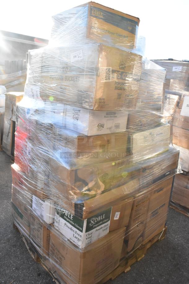 Pallet of 48 unopened boxes containing scratch and dent items like containers, food buckets, lids, gloves, and plates.