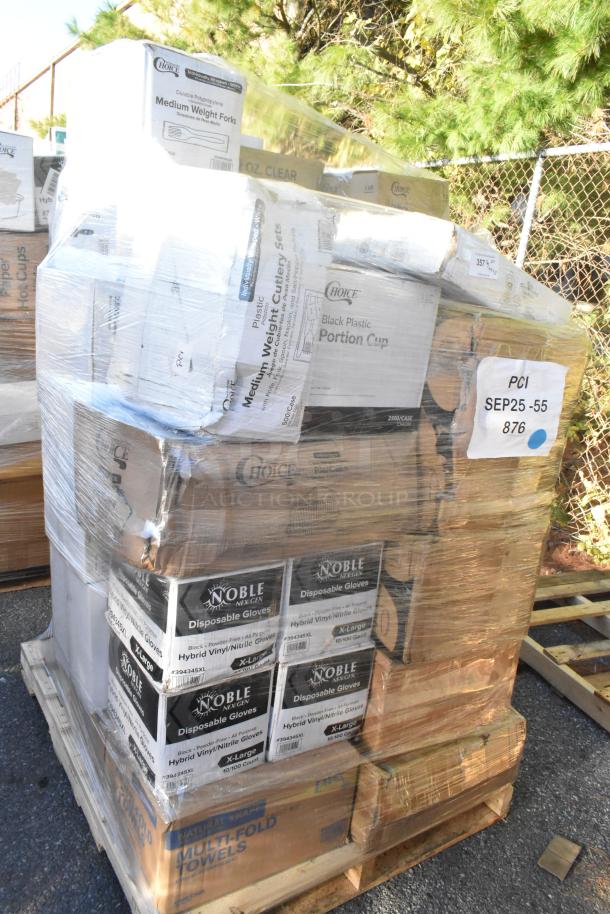 Pallet of 37 new items, including Noble gloves, Choice cups, and towels. Some packaging has minor scratches or dents.