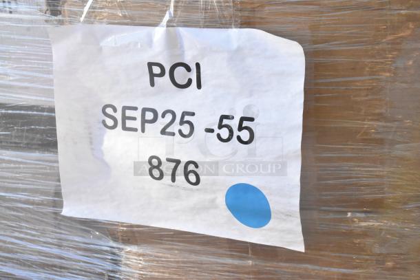 Pallet wrapped in plastic with visible label marked "PCI SEP25-55 876" and a blue dot, for a lot of 37 new scratch and dent items.