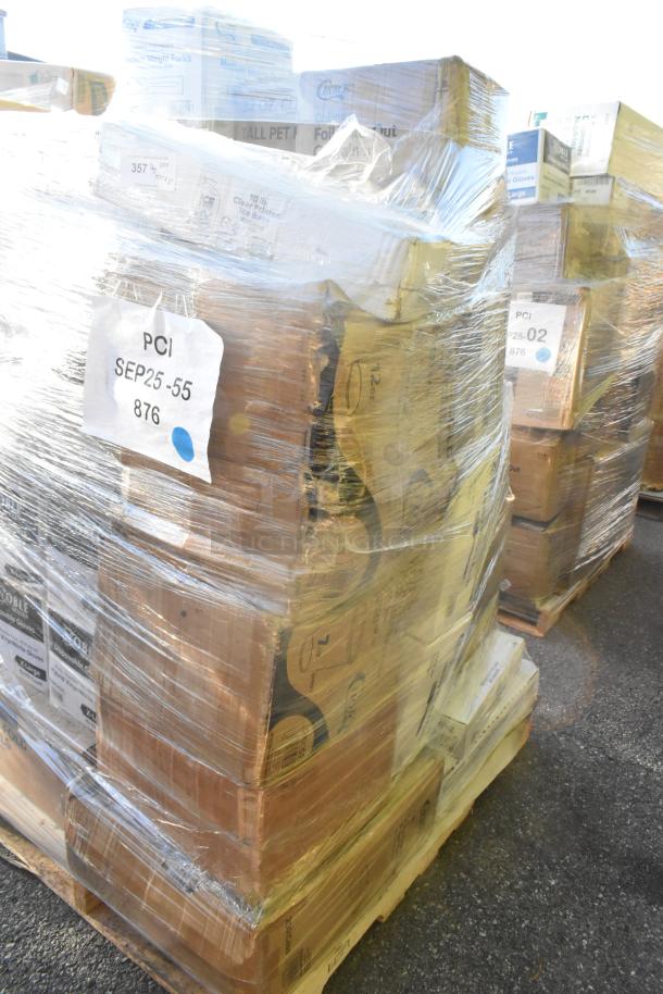 Pallet with 37 new scratch and dent items, including containers, cups, towels, and ice bags, wrapped in plastic with visible labels.
