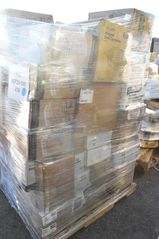 Pallet of 40 new scratch and dent items, including cold cups, teaspoons, parchment sheets, trash bags, wrapped and labeled.