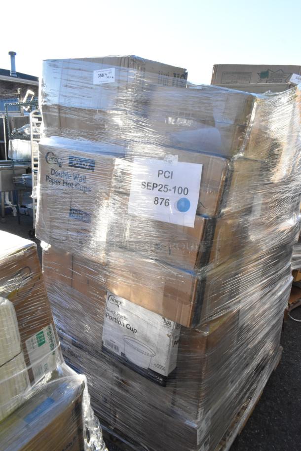 Wrapped pallet with 40 brand new scratch and dent items including cold cups, teaspoons, parchment sheets, and trash bags. Labels visible.