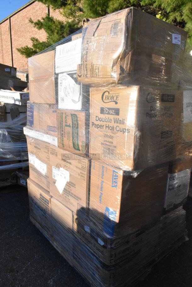 Pallet of assorted brand new scratch and dent items, including Choice hot cups, wrapped in plastic. Various box labels visible.