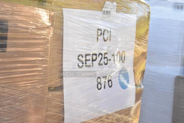 Pallet of 40 new scratch and dent items, wrapped in plastic. Label reads "PCI SEP25-100 876". Includes cold cups, teaspoons.