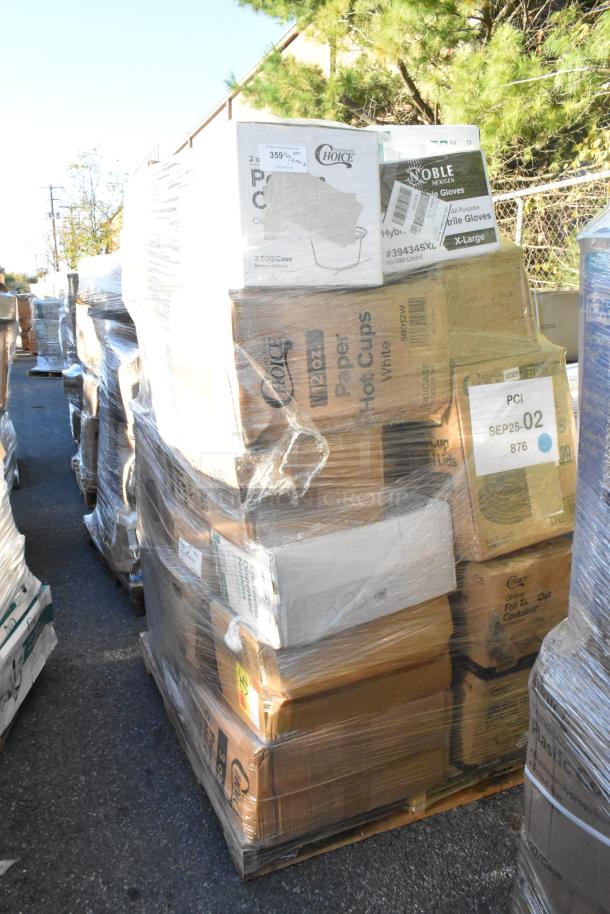 Pallet with assorted brand new scratch and dent items: cold cups, containers, napkins, gloves, paper bags, 36 boxes.