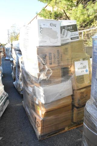 Pallet with assorted brand new scratch and dent items: cold cups, containers, napkins, gloves, paper bags, 36 boxes.