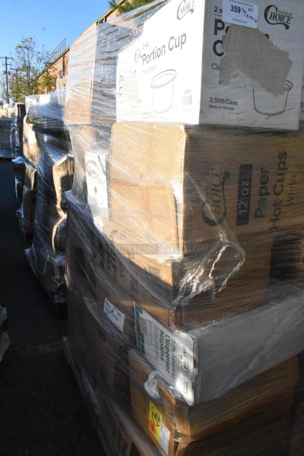 Plastic-wrapped pallet of assorted scratch and dent items including cold cups, containers, napkins, gloves, and paper bags.