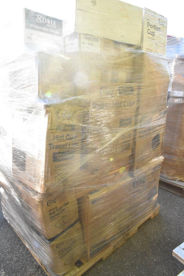 Pallet of assorted scratch and dent items, including cups, containers, napkins, gloves, and paper bags, wrapped in plastic.