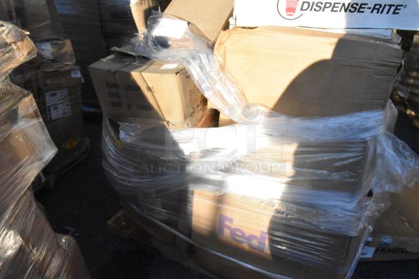Pallet of 29 new items, including GET CO-101-A plate covers and Choice 8 Qt. chafers, wrapped in plastic.