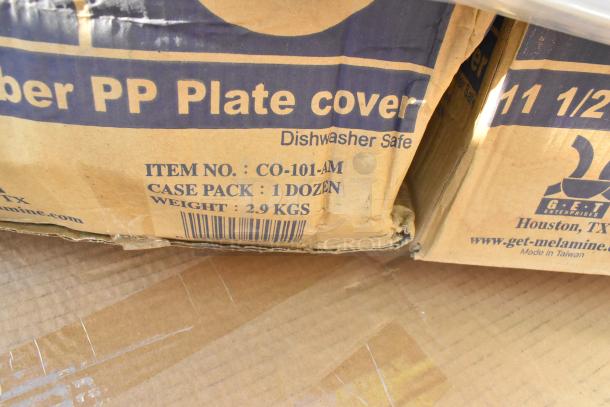 Cardboard packaging labeled "GET CO-101-AM" indicating dishware covers. Details: Item No. CO-101-AM, Case Pack: 1 Dozen, Weight: 2.9 kg.