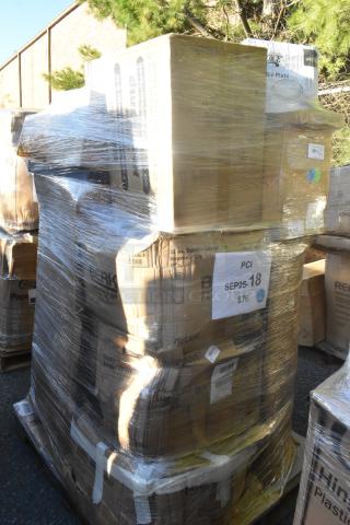 Pallet of 21 new scratch and dent items wrapped in plastic, including heat lamp, plates, table, trash can dolly. Labels indicate contents.