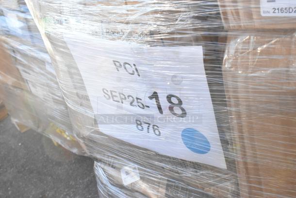 Plastic-wrapped pallet with 21 new scratch and dent items, including heat lamp and plates. Visible label: "PCI SEP25-18 876".