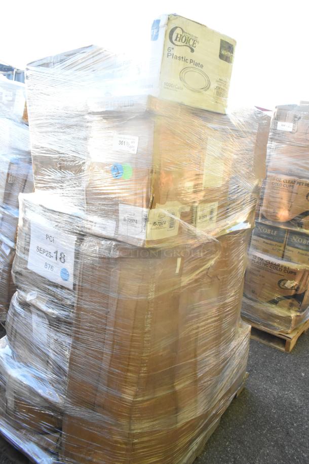 Plastic-wrapped pallet of assorted items, including boxes of plastic plates visible. Contains new scratch and dent items.